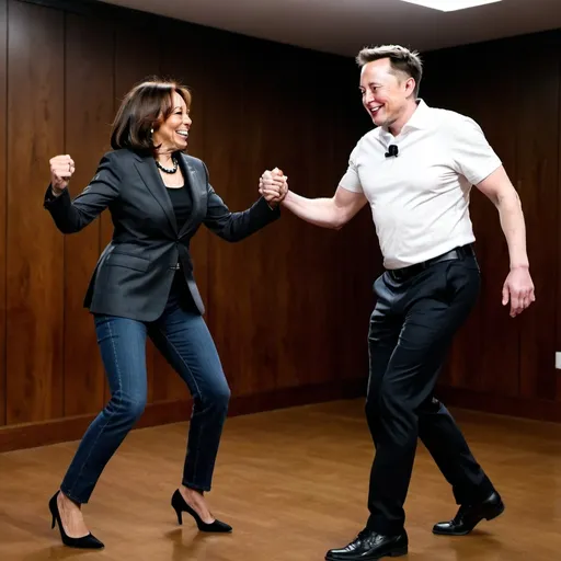 Prompt: Elon Musk dancing with Kamala Harris