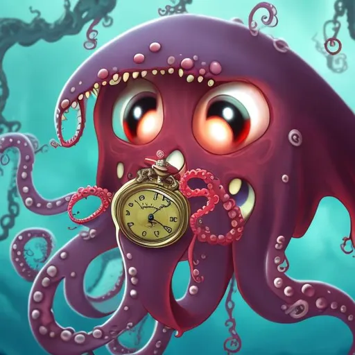 Prompt: Cute animated vampire squid holding a pocket watch in one tentacle, deep ocean background, friendly looking, cute