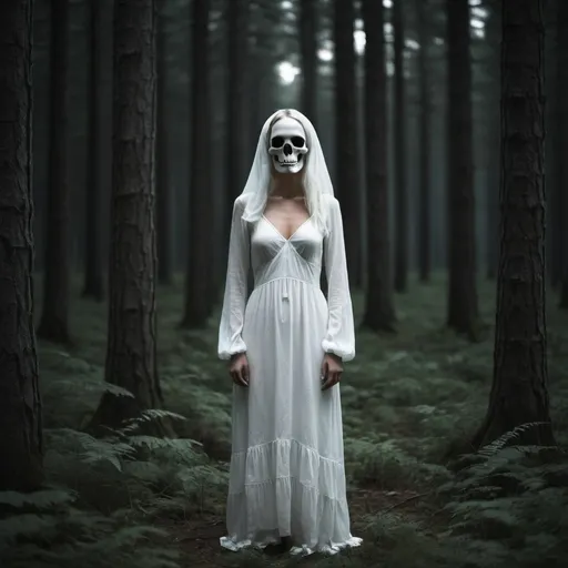 Prompt: Ghost skull white dress forest at night 