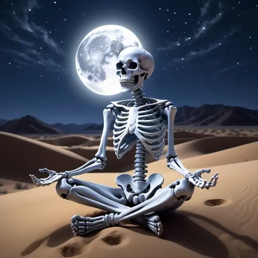 Prompt: Skeleton meditating desert night moon