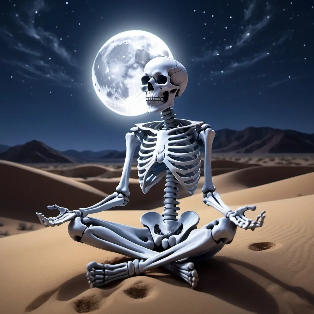 Prompt: Skeleton meditating desert night moon