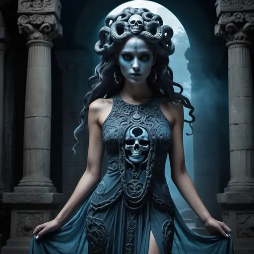 Prompt: Medusa skull dress temple at night 