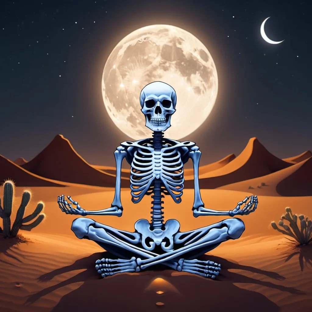 Prompt: Skeleton meditating desert night moon