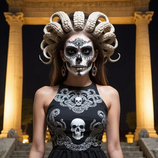 Prompt: Medusa skull dress temple at night 