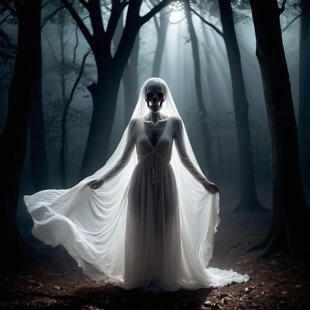 Prompt: Ghost skull white dress forest at night 