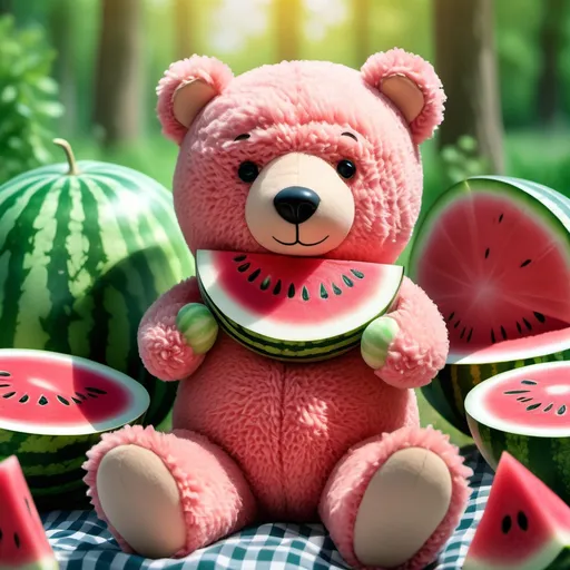 Prompt: (teddy bear with watermelon), cozy and whimsical atmosphere, bright and cheerful colors, vibrant pink and green watermelon slices, soft plush texture of the bear, playful expression on the teddy bear’s face, surrounded by a sunny picnic scene, high detail, 4K resolution, inviting and joyful ambiance.