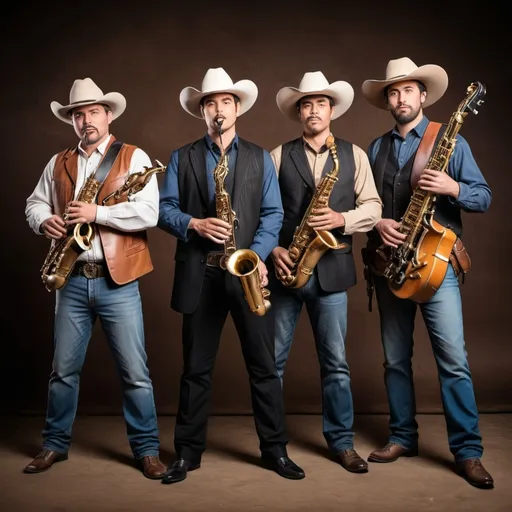 Prompt: Create a movie poster that looks like a wild west action movie but the four good guys get Justice by playing their saxophone, guitar, bass, and drums