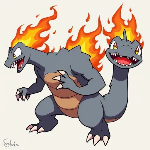 Prompt: Pokémon kerberos  a trois tete type fire et roche