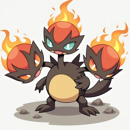 Prompt: Pokémon kerbeus  a trois tete type fire et roche