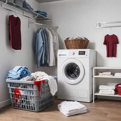 Prompt: Laundry room with a washing machine and a basket full of clothes with blood strains
