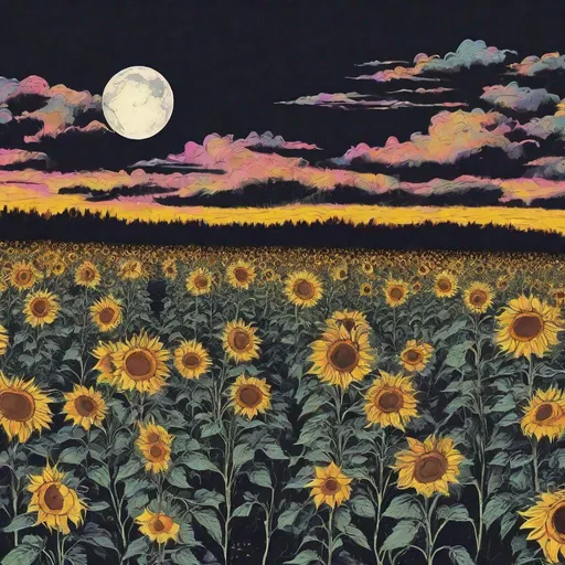 Prompt: psychedelic sunflowers in a field under the moon