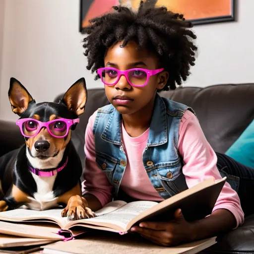 Prompt: black young girl with pink glasses reading dog man siting on messy bes