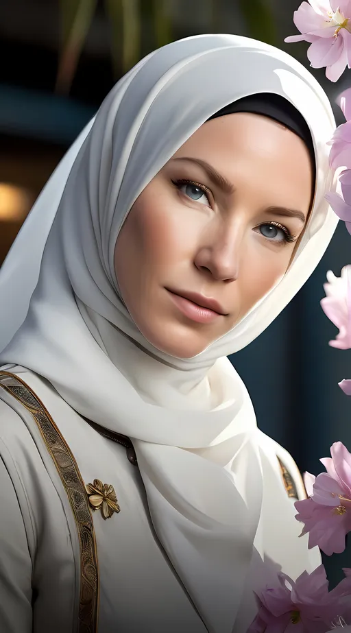 Prompt: Stylish and dynamic portrait of Shawn Hatosy as Andrew "Pope" Cody, in Borderlands style. Her face changed like in the photo, and her eyes shone like an angel's. Her skin is smooth white. Her hair is covered with a hijab and oily, her clothes are neat and polite. The background is a paradise full of flowers, with wings like an angel.