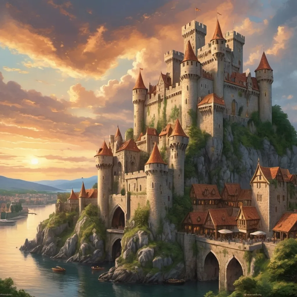 Prompt: A medieval castle overlooking a city with 80-feet curtain walls and a harbor