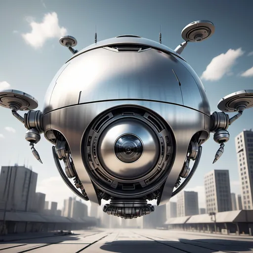 Prompt:  Create an image of a futuristic flying robot in the shape of a simple metallic sphere. The robot has a sleek, polished metal surface with a few embedded cameras or possibly a single main camera on its front, resembling an eye. It hovers mid-air as if patrolling a designated area. The background is an industrial or futuristic urban landscape, giving the impression of a high-tech security environment. The robot looks new and advanced, indicating it’s a fresh model that hasn’t been widely seen before.