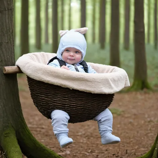 Prompt: een schattig baby biggetje dat in het bos op een schommel zit een kleertjes aan heeft
