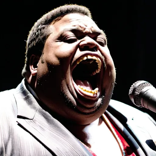 Prompt: A morbidly obese male Motown singer that has abnormally huge teeth and gums and is singing into a microphone. 