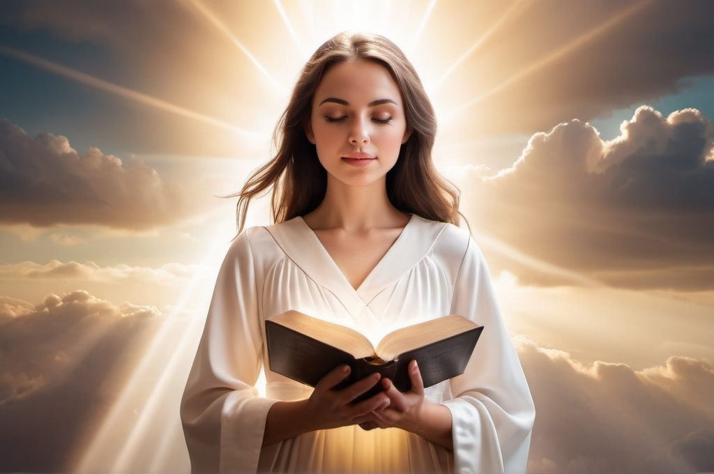 Prompt: make an image of a beautiful woman robed in a white dress holding a bible that is radiating light beams, have beautiful clouds in the background with light coming out of the clouds beige background Christian theme