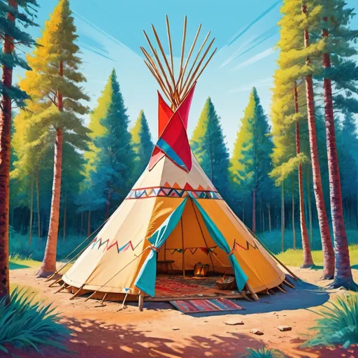 Prompt: Vibrant David Hockney-style illustration of a tipi tent camping, joyful and sunny natural setting, high quality, vibrant colors, vibrant and sunny, tipi tent, outdoor, joyful atmosphere, detailed texture, natural lighting, professional, artistic, highres, detailed, David Hockney style, colorful, natural setting