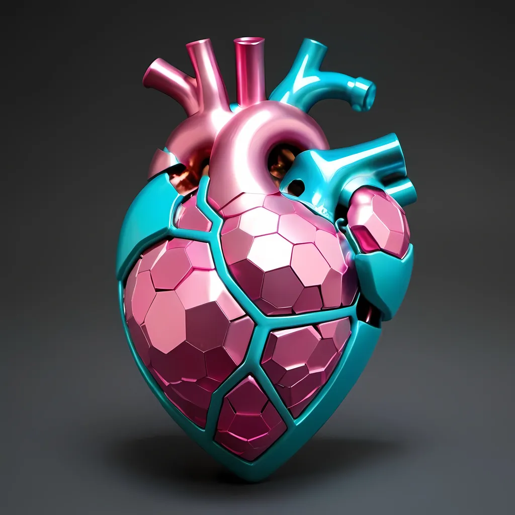 Prompt: An anatomic heart with its surface made of big, metal hexagon parts. Surface looks like anodized aluminum in pink and cyan. This heart is supended inside an -Merkabah like structure