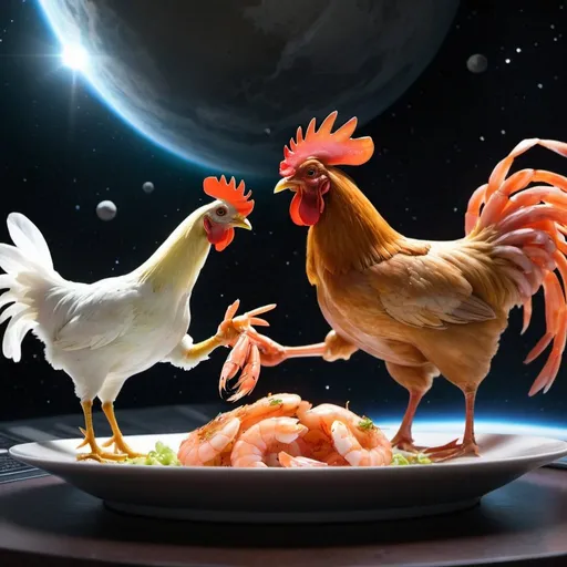 Prompt: Final space fight between chicken and shrimp