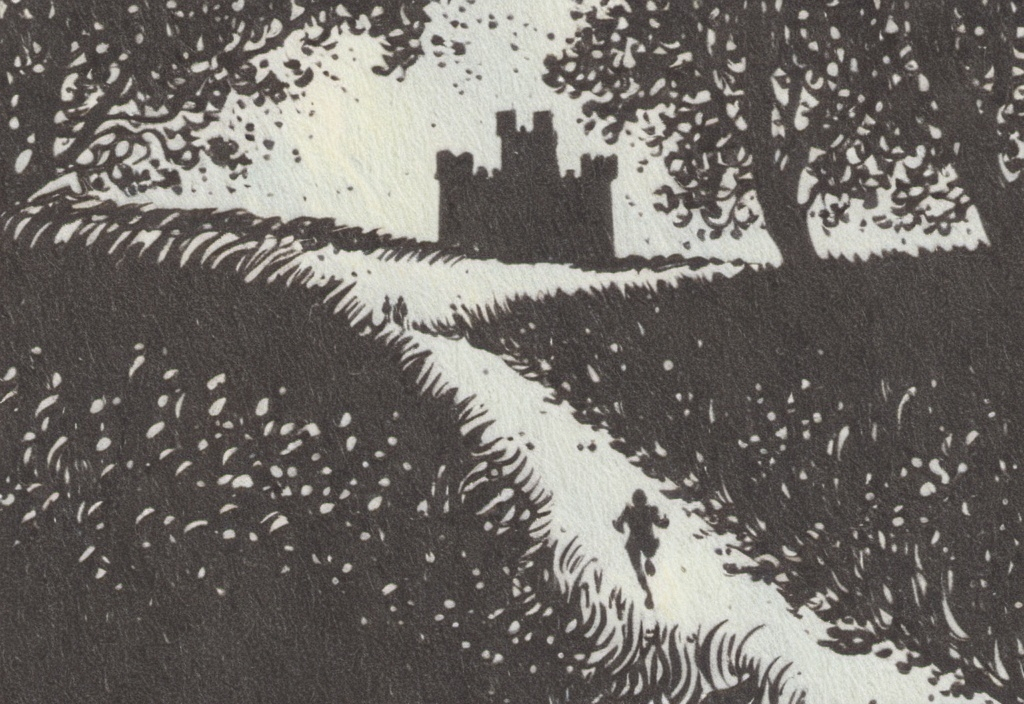 Prompt: A person running up a hill toward a strong castle at the top. Perspective is from behind the runner looking up at him running. 