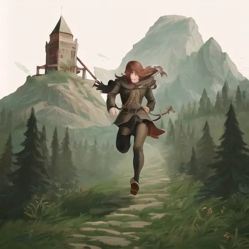 Prompt: A person running up a hill to a stone tower   Present day clothing  