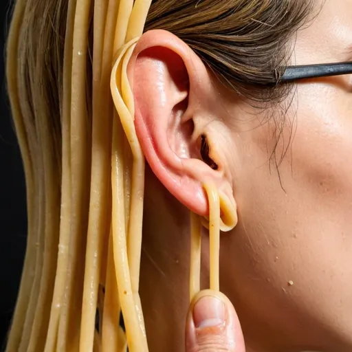 Prompt: ear leaking pasta 
