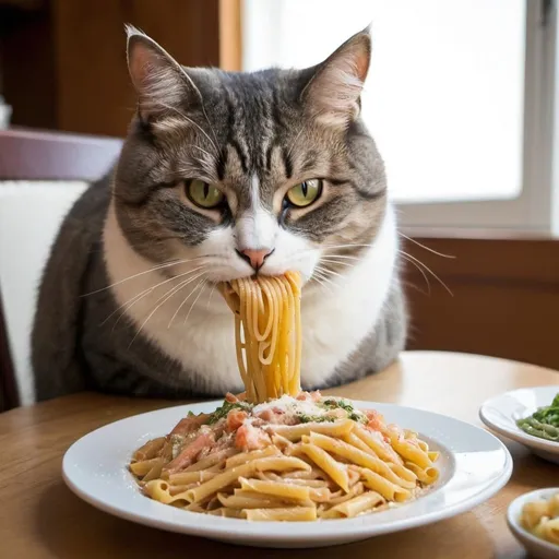 Prompt: fatass cat eating pasta