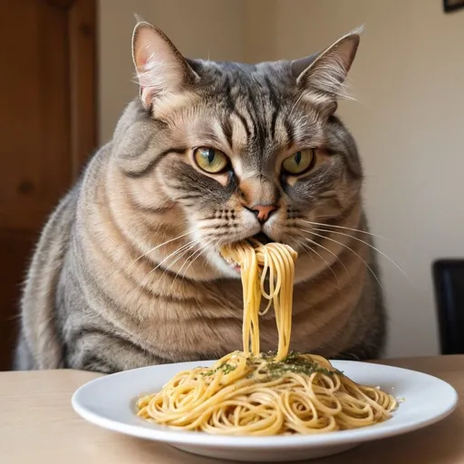 Prompt: fatass cat eating pasta ultra obese extreme obese cat