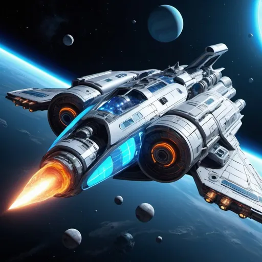 Prompt: Futuristic sophisticated fighter spaceship with blue light coming off, vivid 3D rendering, detailed planets and moons, interstellar spacecraft, cosmic exploration, high-resolution, sci-fi, vibrant colors, dynamic lighting, space adventure,