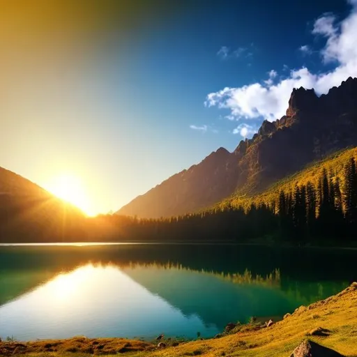 Prompt: Picturesque mountain and lake with sun in background