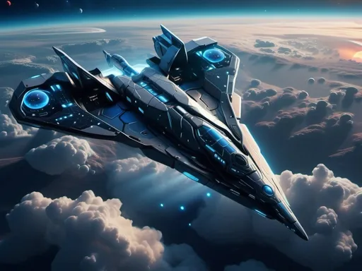 Prompt: Futuristic sophisticated fighter spaceship with blue light coming off, vivid 3D rendering, detailed planets and moons, interstellar spacecraft, cosmic exploration, high-resolution, sci-fi, vibrant colors, dynamic lighting, space adventure,