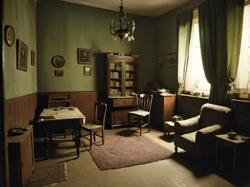 Prompt: A room in an apartment of a Russian philosopher at the beginning of the 20th century, dimly lit at the late evening. Everything is cluttered. The furniture is cheap and gives a reflection of genteel poverty.