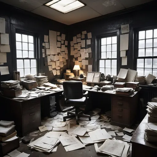 Prompt: An grimy, untidy office of a paranoid man, with moonlight shining through the window, noir, mystic symbols scrawled on the walls, papers scattered