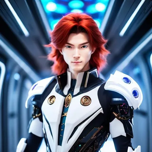Prompt: A young lithe anime man with long red hair and cybernetic implants. He has pale skin and black eyes. He wear a suit of futuristic armor covered with glyphs. He stands in the middle of oriental hall on a spaceship.
rpg. rpg art. 2d art. 2d. comic art, comics art, very well drawn faces. extremely detailed.