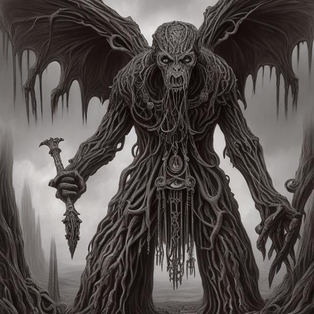 Prompt: A Gothic monster.  It has a humanoid shape, but misshapen hands and with a long neck ending in a cluster of eyes. It holds an axe in one of its hands. Video game art, gothic art, well detaile