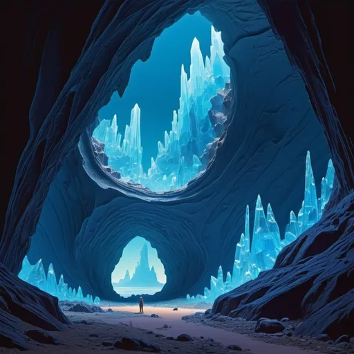 Prompt: Blue crystal cave on an alien planet, in style of Moebius