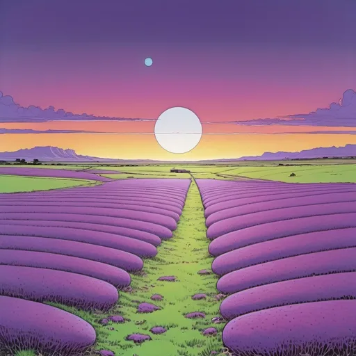 Prompt: A purple alien grassland, stretching to the horizon, in style of Moebius, 70s comics art