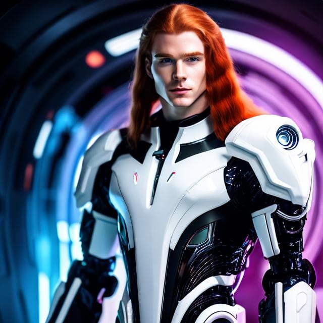 Prompt: A young lithe masculine white man with long red hair and cybernetic implants. He has pale skin and black eyes. He wear a suit of futuristic armor covered with glyphs. He stands in the middle of oriental hall on a spaceship.
rpg. rpg art. 2d art. 2d. comic art, comics art, very well drawn faces. extremely detailed.