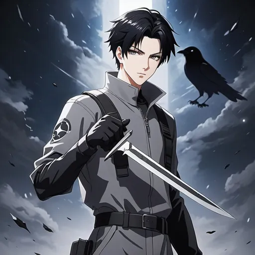Prompt: An anime male youth with ghostly pale eyes, pale skin, raven-black hair, dressed in gray space overall, holding a combat knife