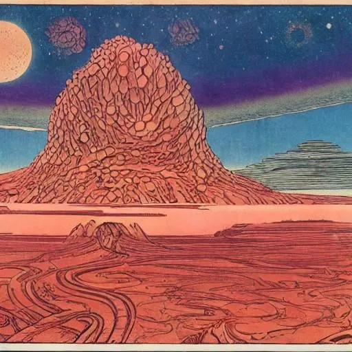 Prompt: Comic style, Moebius, cosmic landscape made of bloody human flesh