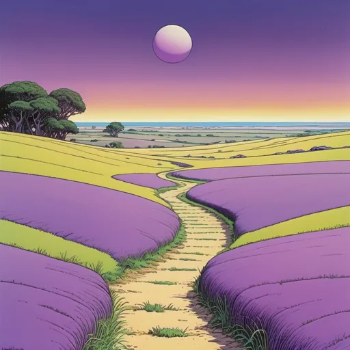 Prompt: A purple alien grassland, stretching to the horizon, in style of Moebius, 70s comics art