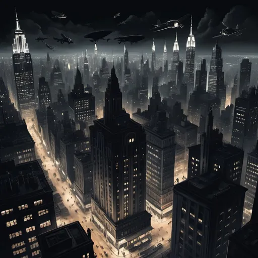Prompt: Noir dieselpunk New York City at night, with countless flying machines coursing around giant skyscrapers