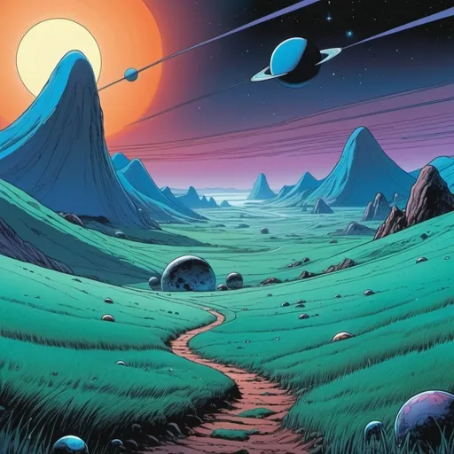 Prompt: Eerie alien landscape, comic book style, cel shaded, planets in the sky, Moebius style, blue grassland, hills