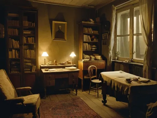 Prompt: A room in an apartment of a Russian philosopher at the beginning of the 20th century, dimly lit at the late evening. Everything is cluttered. The furniture is cheap and gives a reflection of genteel poverty.