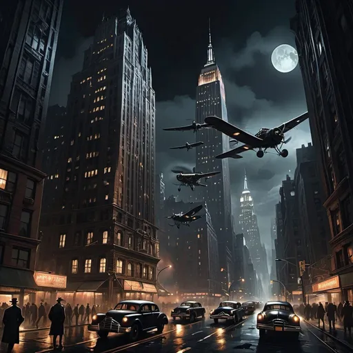 Prompt: Noir dieselpunk New York City at night, with countless flying machines coursing around giant skyscrapers