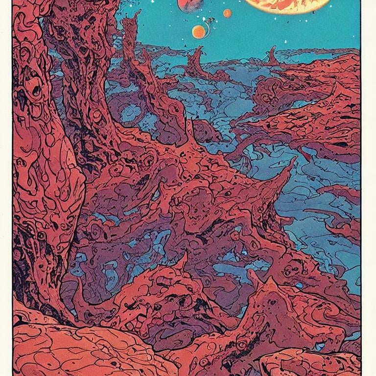 Prompt: Comic style, Moebius, cosmic landscape made of bloody human flesh