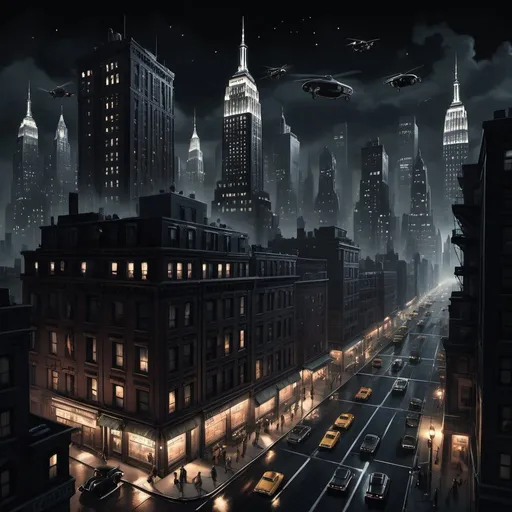 Prompt: Noir dieselpunk New York City at night, with countless flying cars coursing around giant skyscrapers