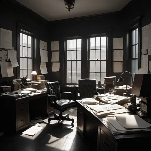 Prompt: An office of a paranoid man, with moonlight shining through the window, noir, mystic symbols on the walls, papers scattered